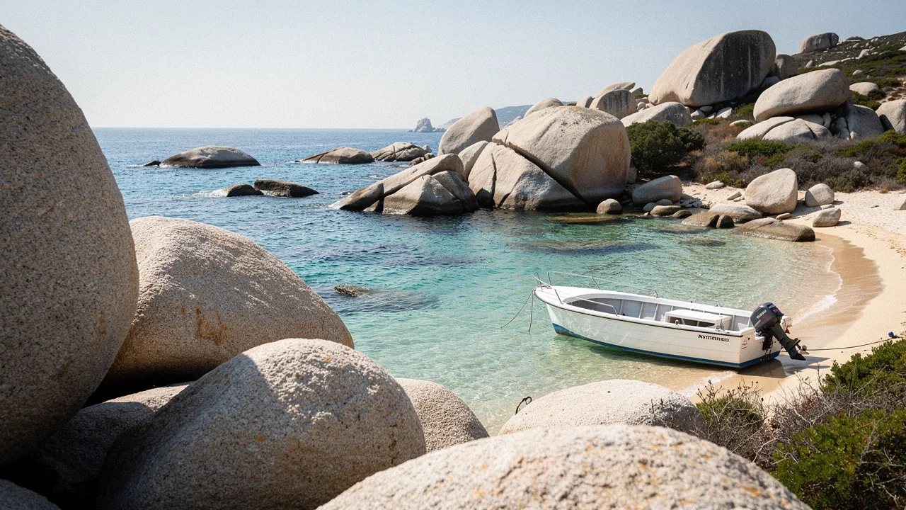 Eau turquoise et rochers granitiques des îles Lavezzi, avec un bateau près du rivage