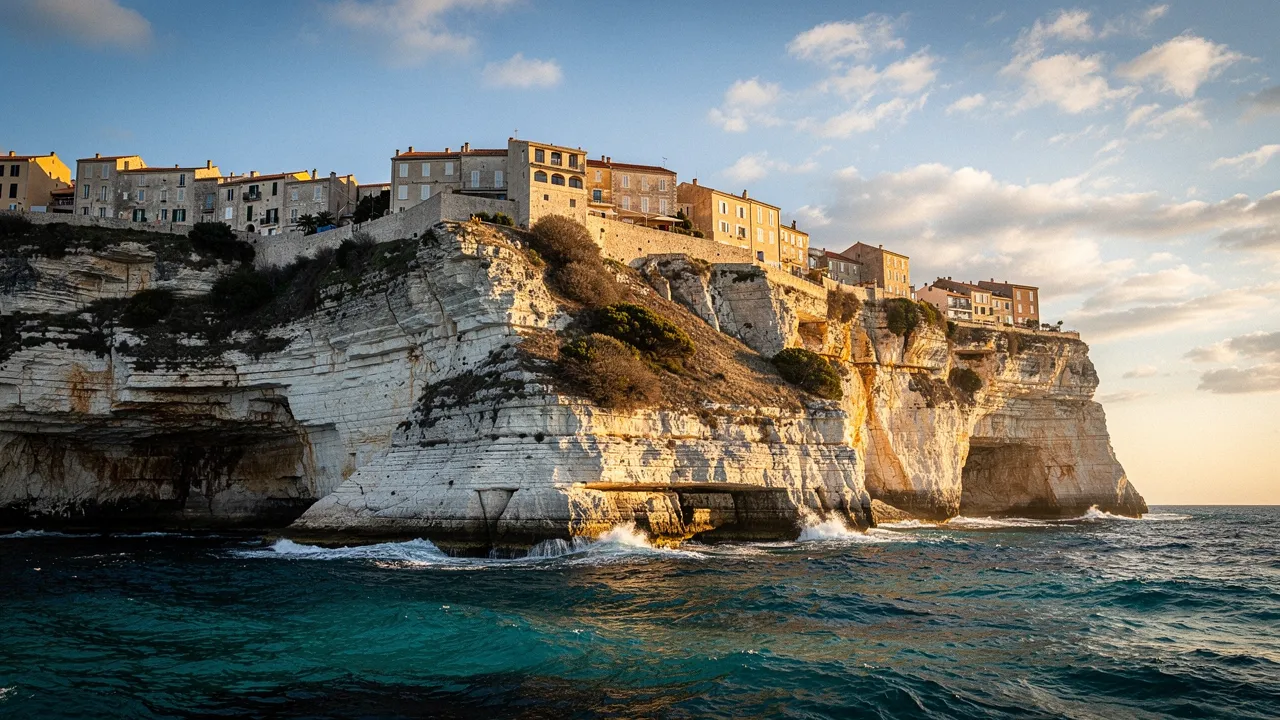 Falaises de calcaire blanc de Bonifacio surmontées par les maisons de la ville haute