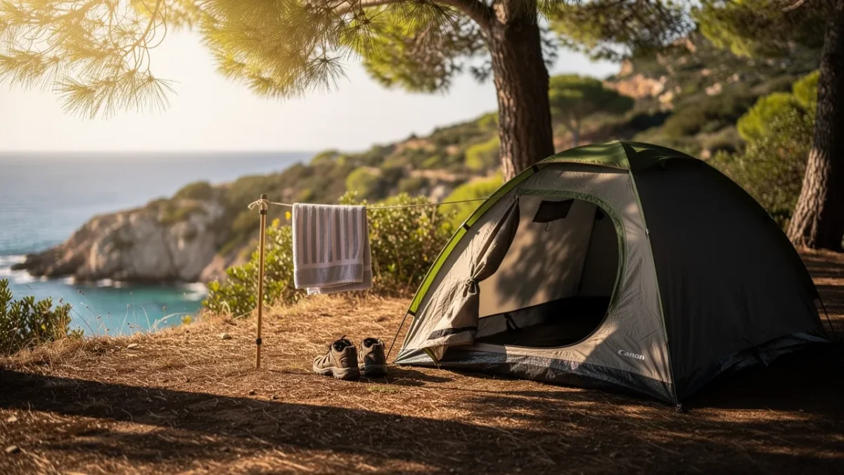 Tente de camping installée sous des pins face à une crique de la côte corse, pour préparer la durée idéale d'un séjour en Corse